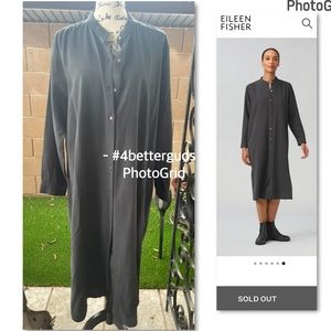 Eileen Fisher Mini Check Crepe Mandarin Collar Long Sleeve Shirt Dress LG L/G